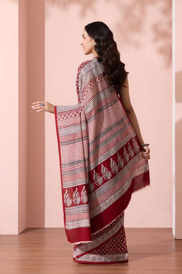 Red Bagh Block Printed Pure Cotton Saree thumbnail image number null