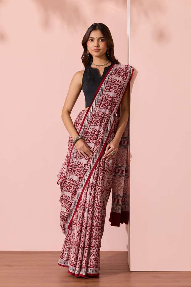 Red Bagh Block Printed Pure Cotton Saree thumbnail image number null
