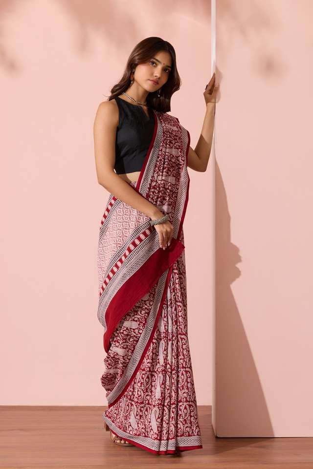 Red Bagh Block Printed Pure Cotton Saree thumbnail image number null
