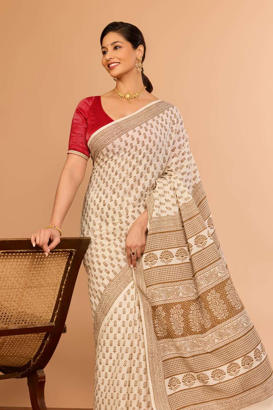 Off White Cotton Bagh Block Printed Saree