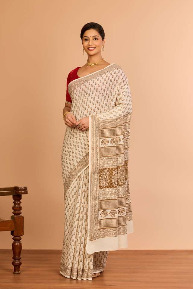Off White Cotton Bagh Block Printed Saree thumbnail image number null