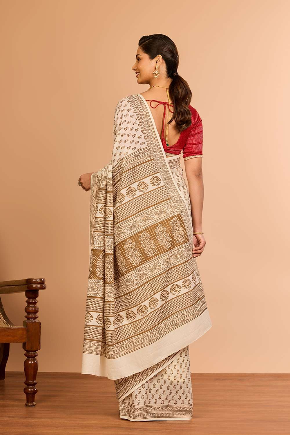 Off White Cotton Bagh Block Printed Saree image number null