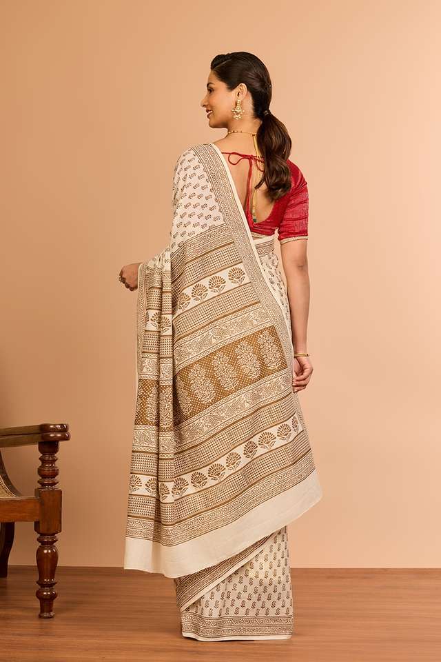 Off White Cotton Bagh Block Printed Saree thumbnail image number null