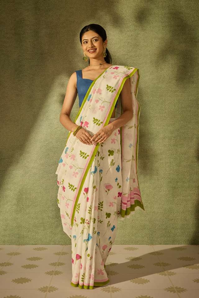 Off White Screen Printed Pure Linen Saree thumbnail image number null