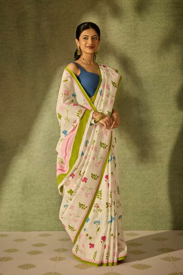 Off White Screen Printed Pure Linen Saree thumbnail image number null