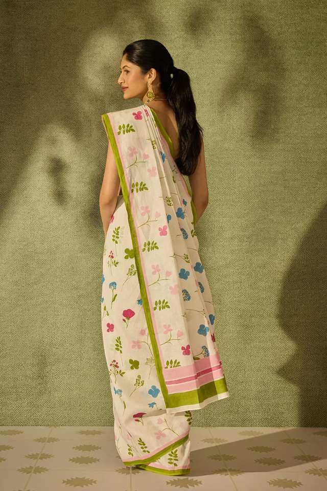 Off White Screen Printed Pure Linen Saree thumbnail image number null