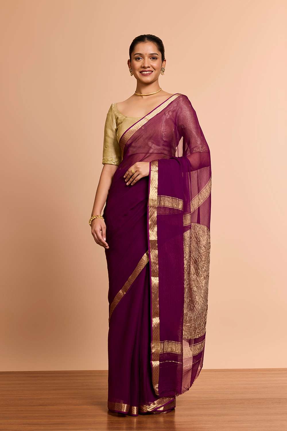 Purple Woven Pure Silk Chiffon Saree image number null