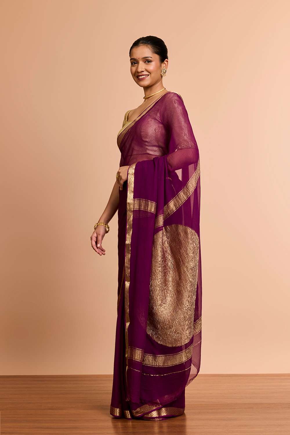 Purple Woven Pure Silk Chiffon Saree image number null