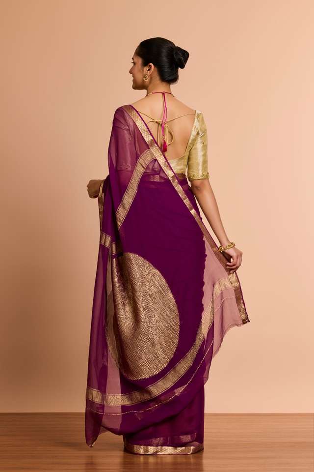 Purple Woven Pure Silk Chiffon Saree thumbnail image number null