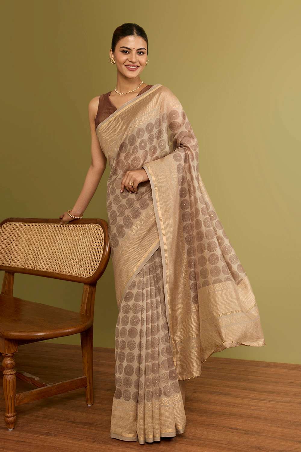 Beige Rajasthan Pure Silk Cotton Printed Sanganeri Saree image number null