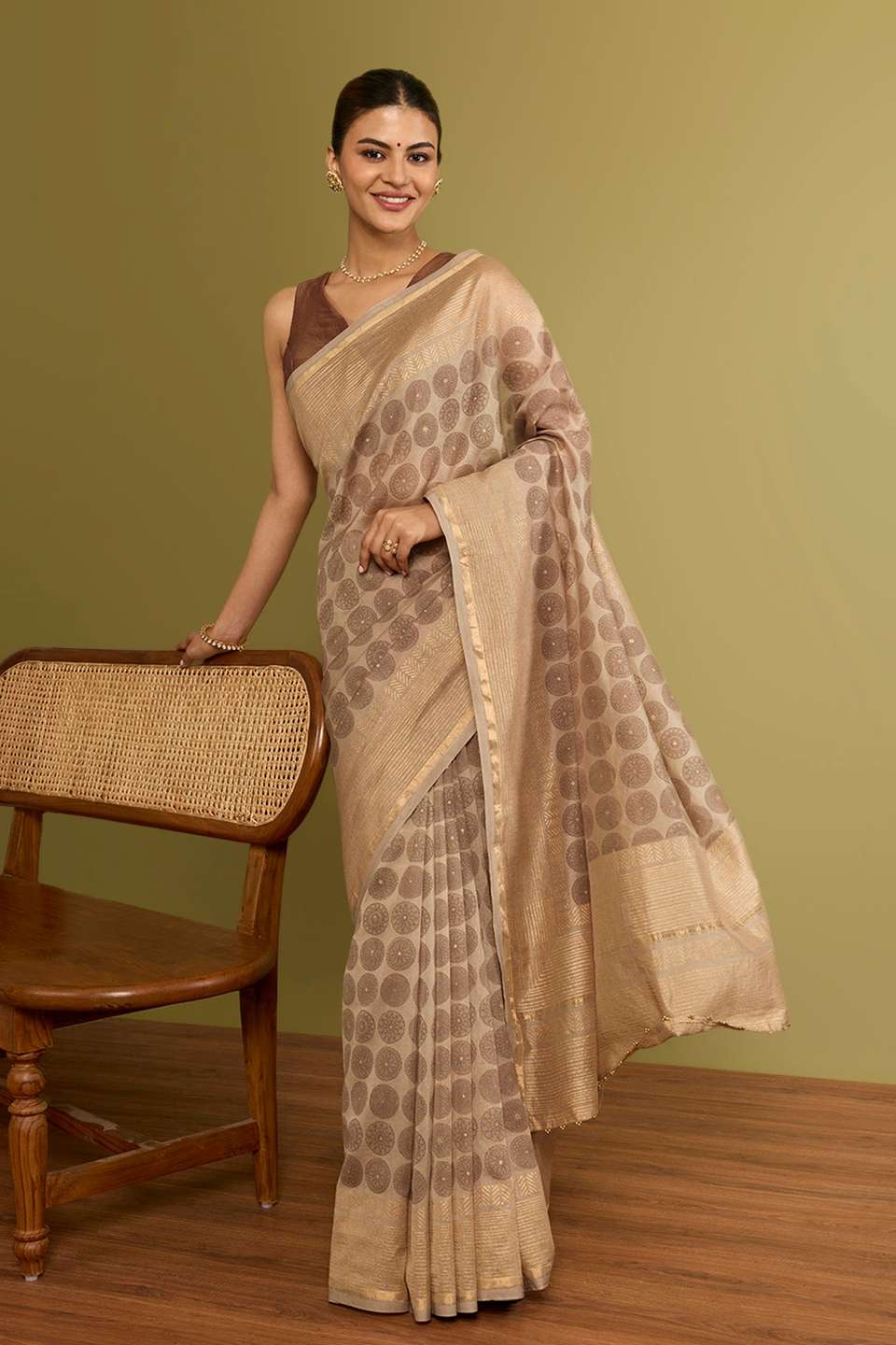 Beige Rajasthan Pure Silk Cotton Printed Sanganeri Saree
