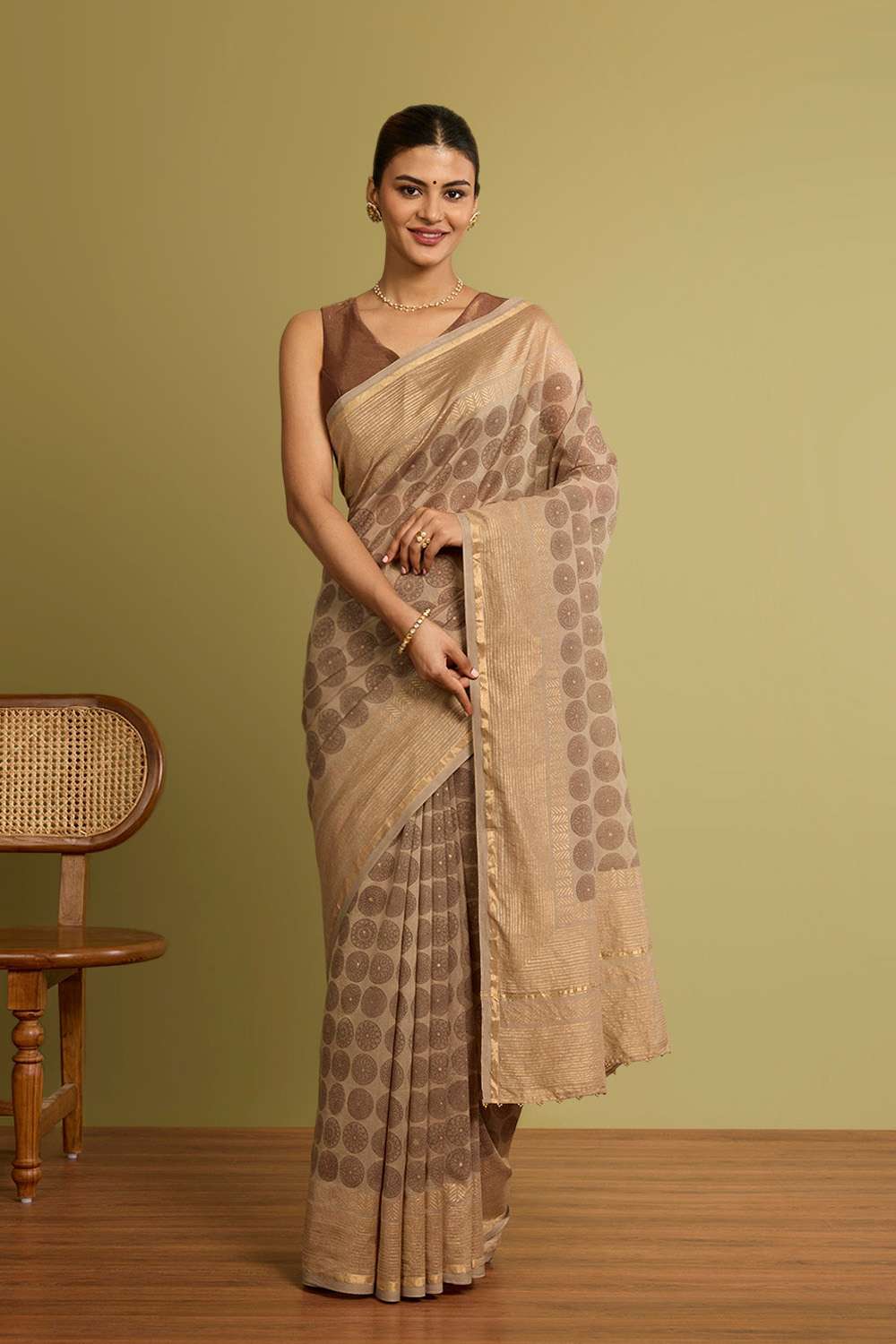 Beige Rajasthan Pure Silk Cotton Printed Sanganeri Saree image number null