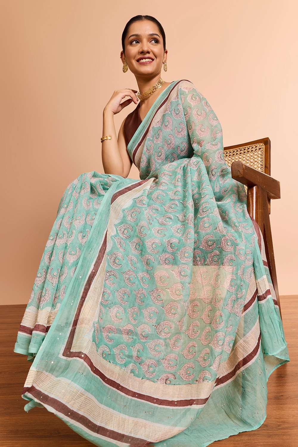 Light Blue Rajasthan Pure Silk Cotton Printed Mukaish Saree image number null
