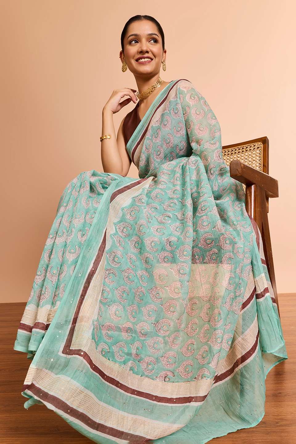 Light Blue Rajasthan Pure Silk Cotton Printed Mukaish Saree