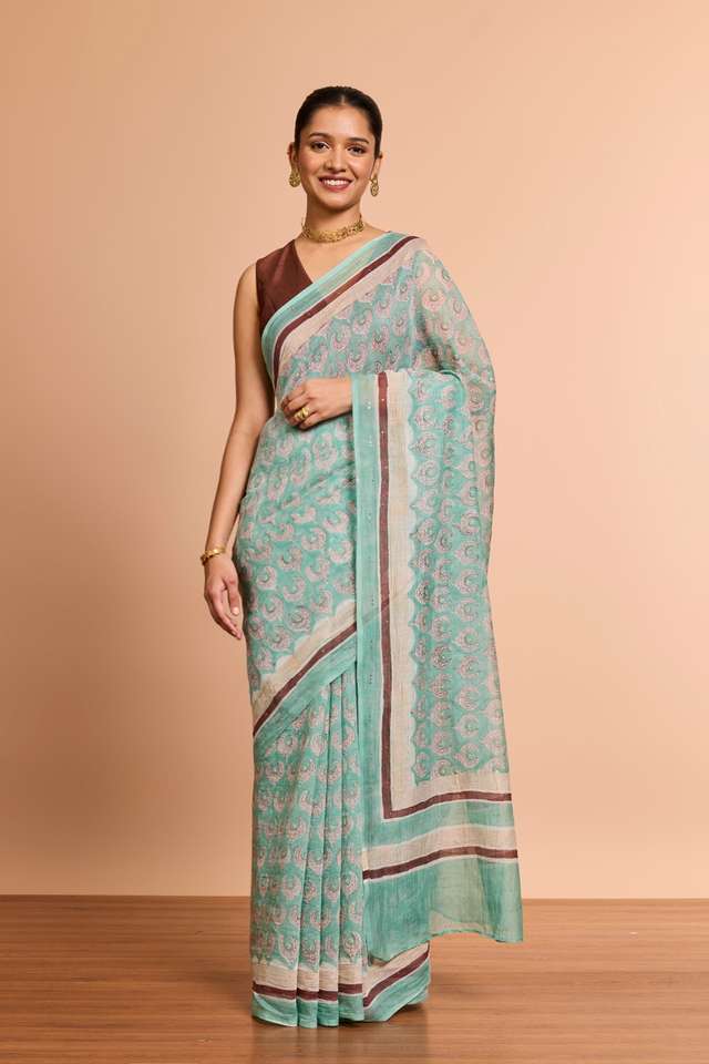 Light Blue Rajasthan Pure Silk Cotton Printed Mukaish Saree thumbnail image number null