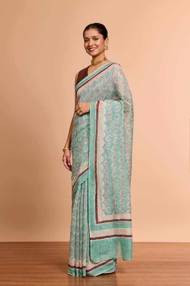 Light Blue Rajasthan Pure Silk Cotton Printed Mukaish Saree thumbnail image number null
