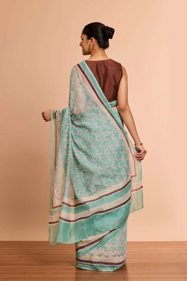 Light Blue Rajasthan Pure Silk Cotton Printed Mukaish Saree thumbnail image number null