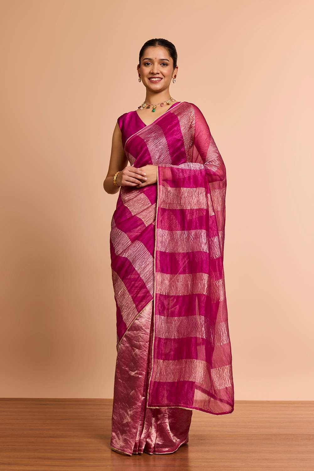 Pink Woven Pure Silk Organza Saree image number null