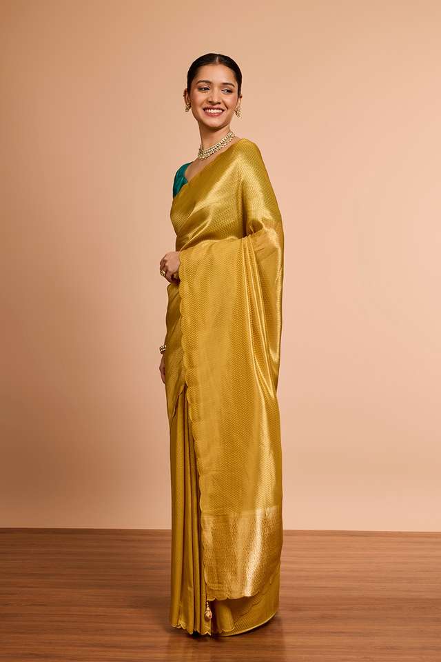 Yellow Woven Viscose Tissue Saree thumbnail image number null