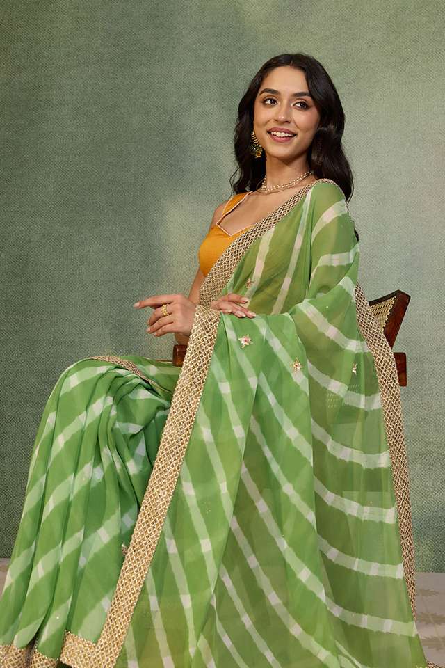 Light Green Gota Patti Viscose Georgette Rajasthan Saree image number