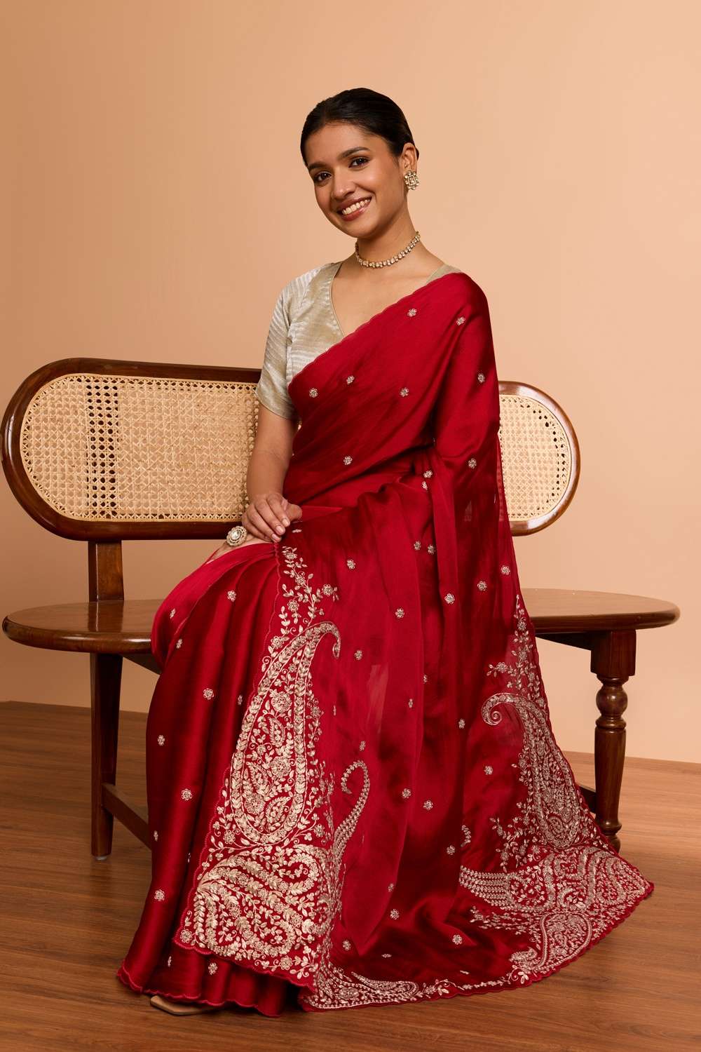 Red  Viscose Satin Embroidered Saree image number null