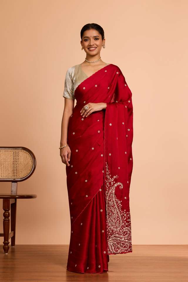 Red  Viscose Satin Embroidered Saree thumbnail image number null