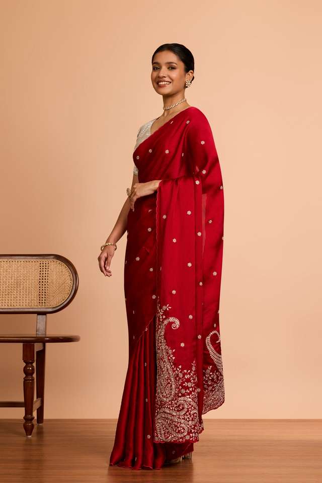Red  Viscose Satin Embroidered Saree thumbnail image number null