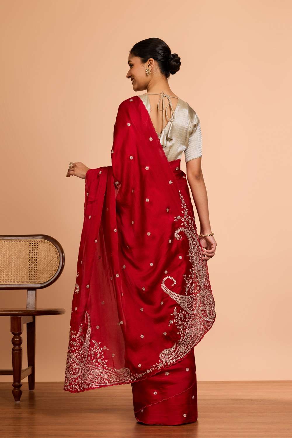 Red  Viscose Satin Embroidered Saree image number null