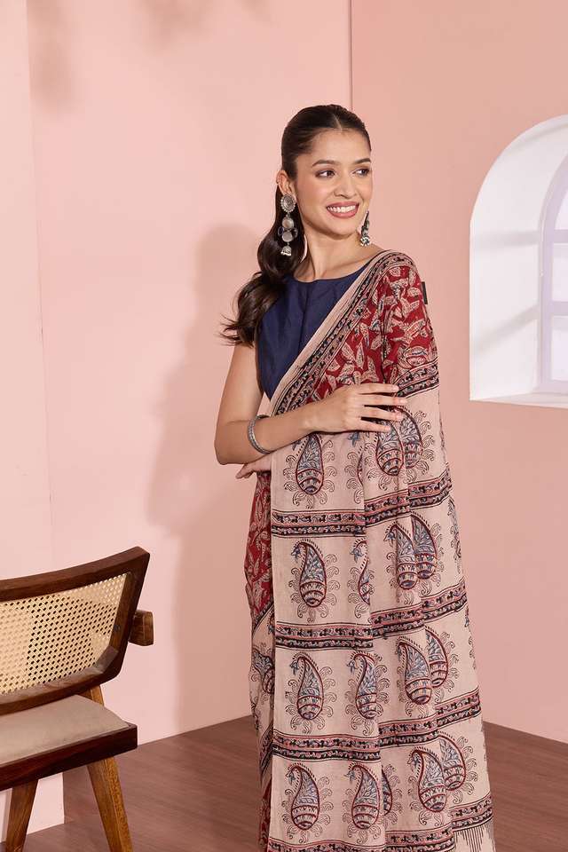 Red Printed Kalamkari Machilipatnam Pure Cotton Saree image number
