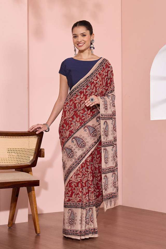 Red Printed Kalamkari Machilipatnam Pure Cotton Saree thumbnail image number null