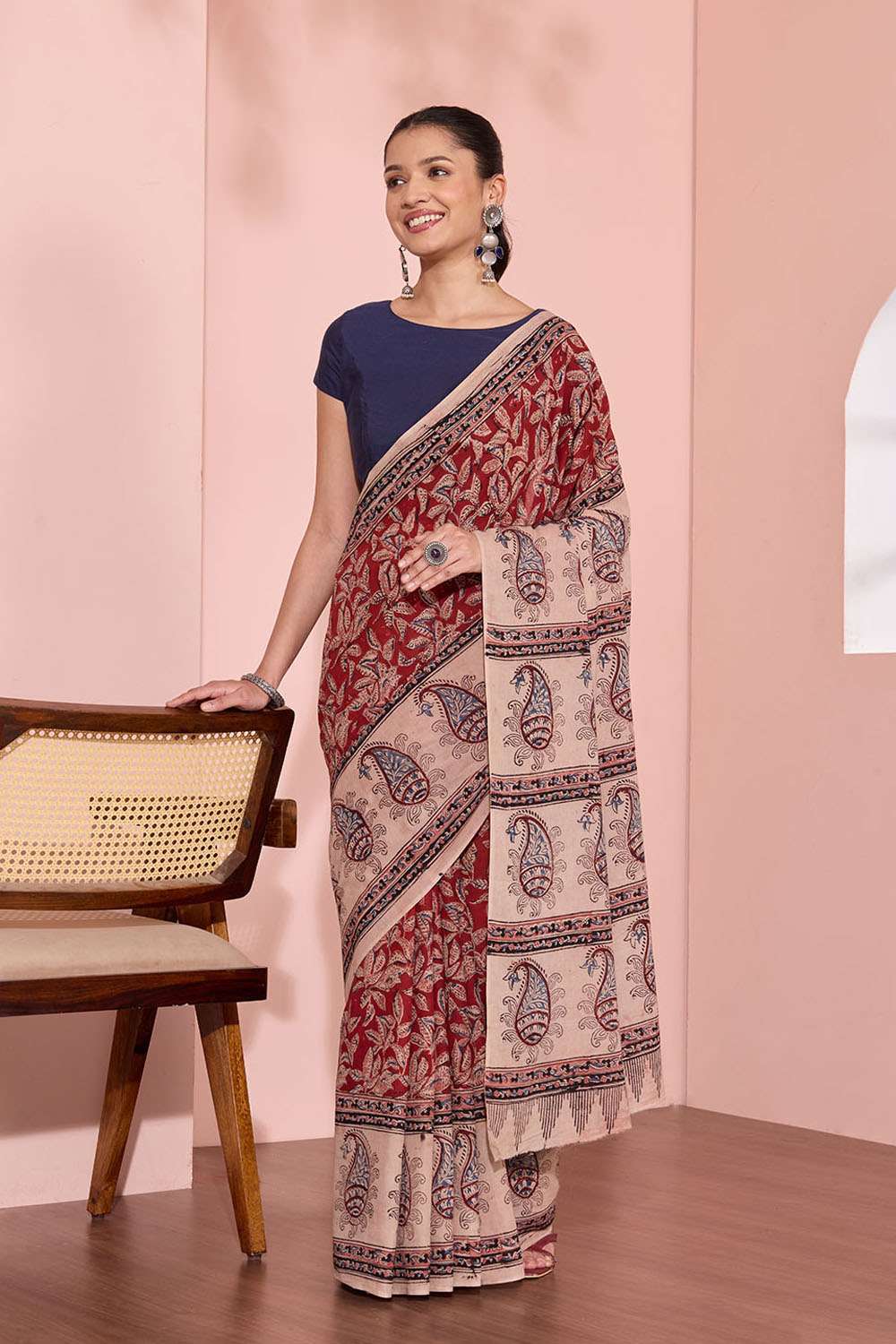 Red Printed Kalamkari Machilipatnam Pure Cotton Saree image number null