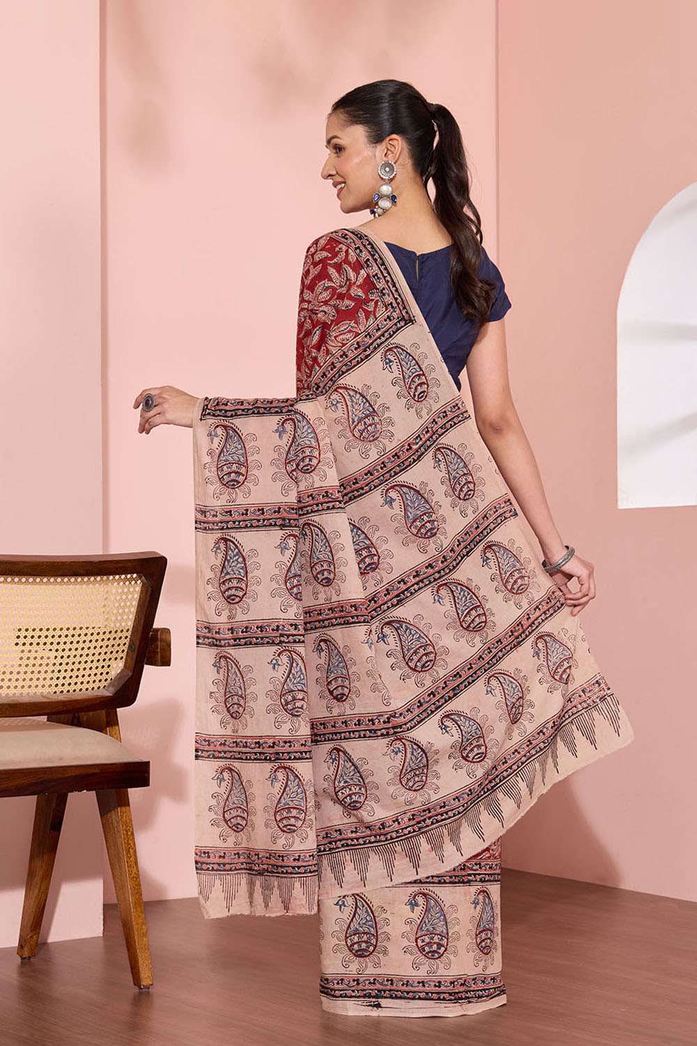 Red Printed Kalamkari Machilipatnam Pure Cotton Saree image number null