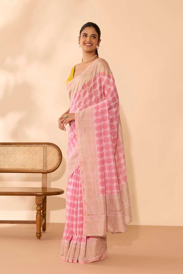 Pink Rajasthan Pure Silk Cotton Sanganeri Saree image number