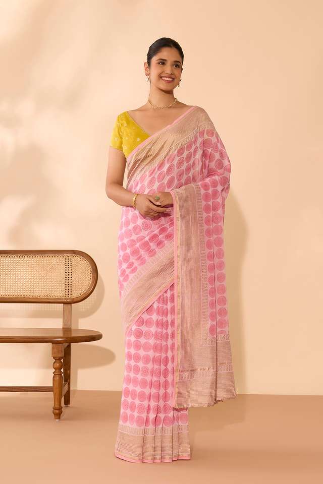 Pink Rajasthan Pure Silk Cotton Sanganeri Saree thumbnail image number null
