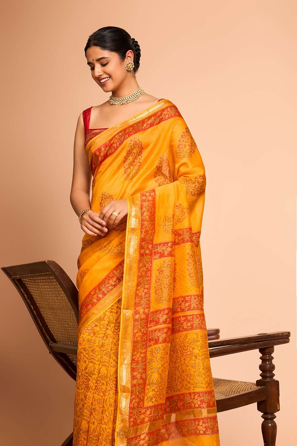 Yellow Rajasthan Pure Silk Cotton Printed Sanganeri Saree image number null