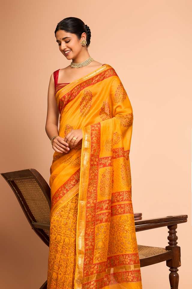 Yellow Rajasthan Pure Silk Cotton Printed Sanganeri Saree image number