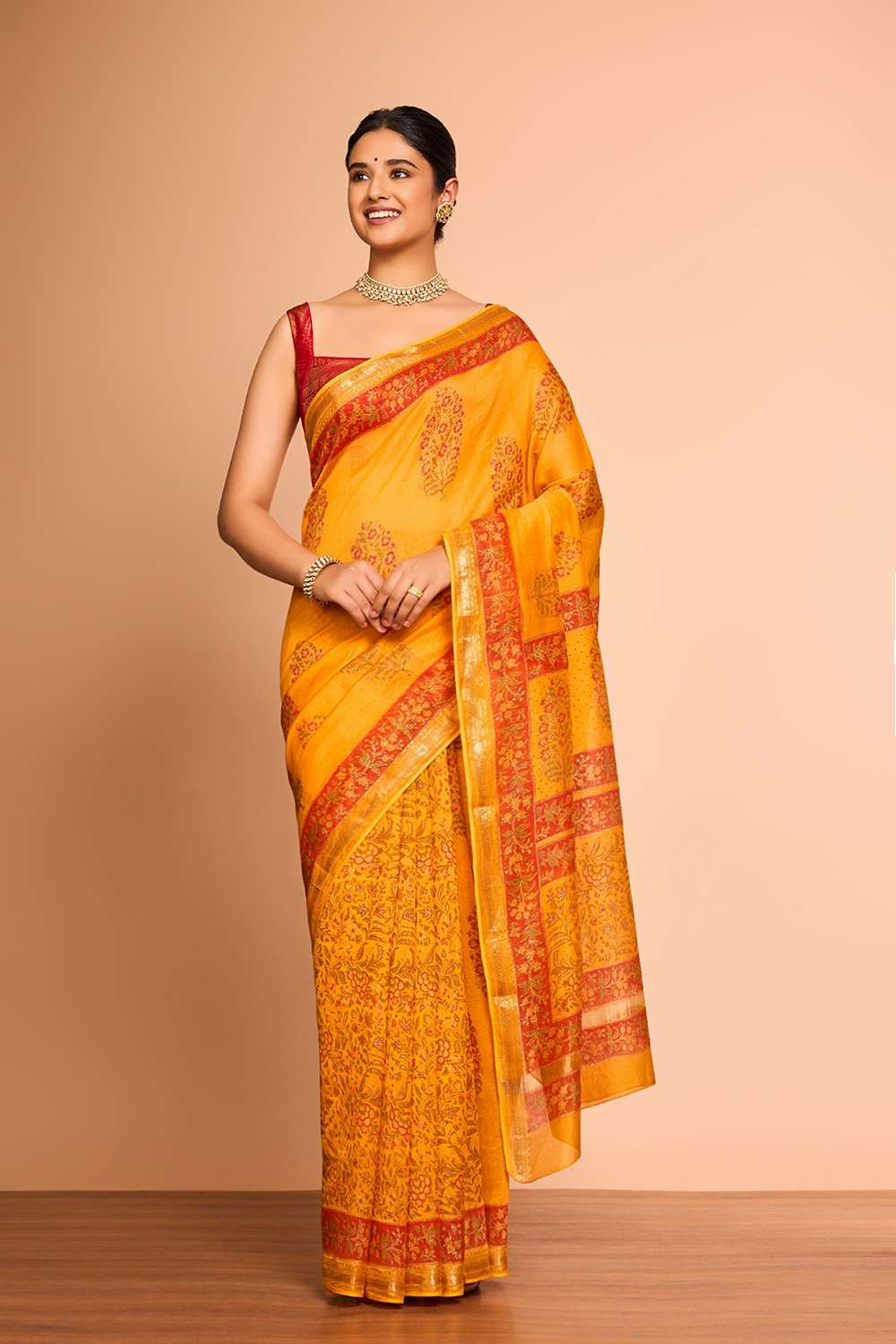 Yellow Rajasthan Pure Silk Cotton Printed Sanganeri Saree image number null