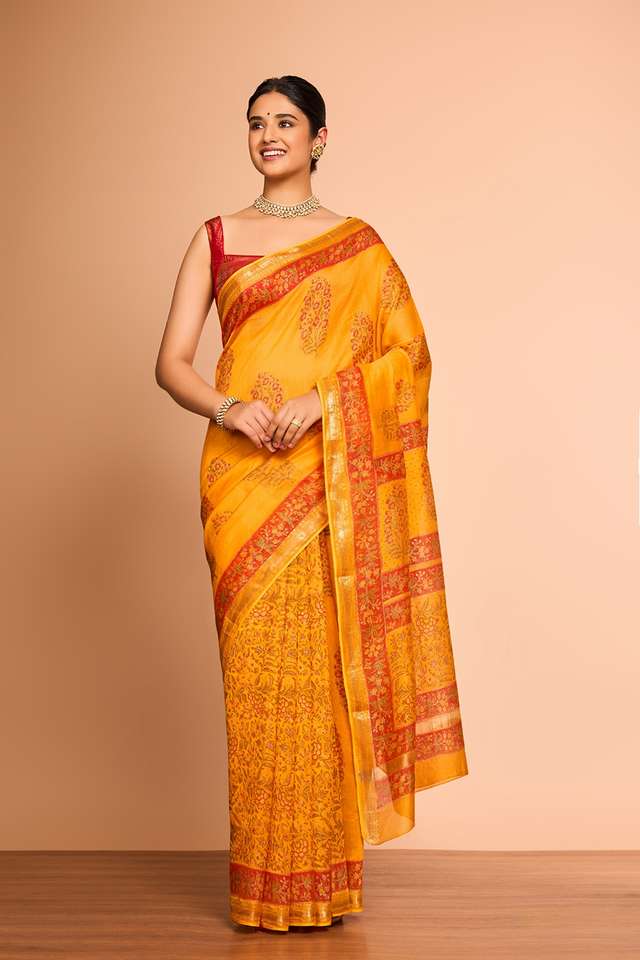 Yellow Rajasthan Pure Silk Cotton Printed Sanganeri Saree thumbnail image number null