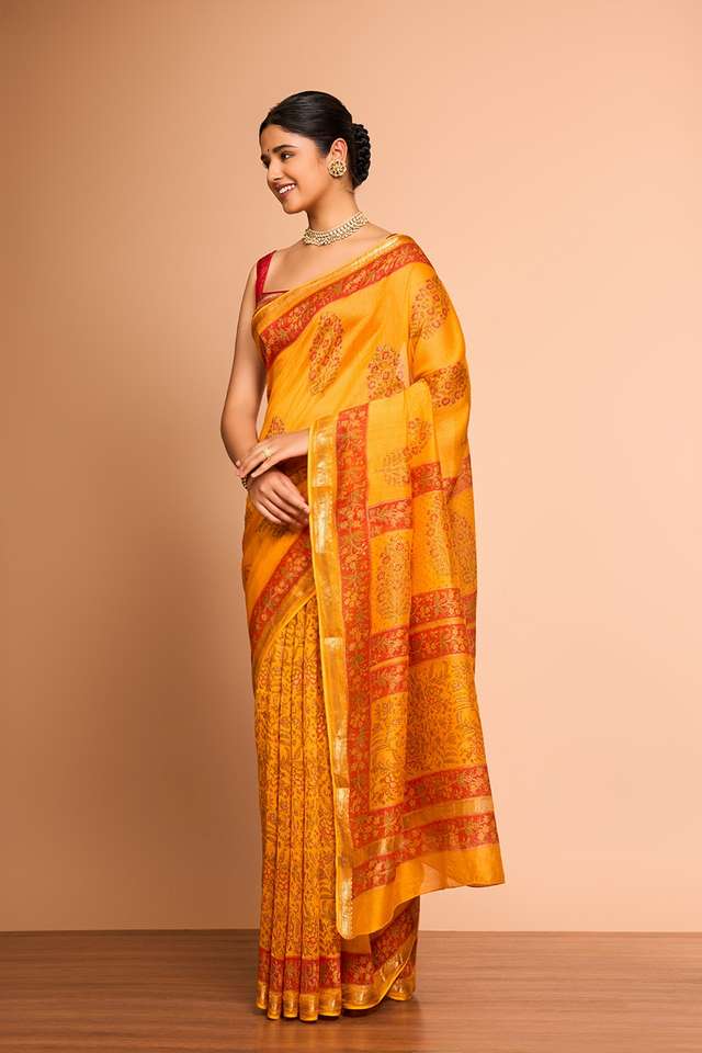 Yellow Rajasthan Pure Silk Cotton Printed Sanganeri Saree thumbnail image number null