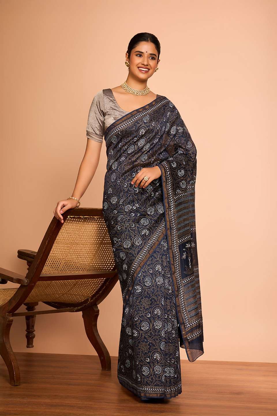 Dark Blue Rajasthan Pure Silk Cotton Printed Sanganeri Saree