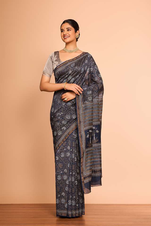 Dark Blue Rajasthan Pure Silk Cotton Printed Sanganeri Saree thumbnail image number null