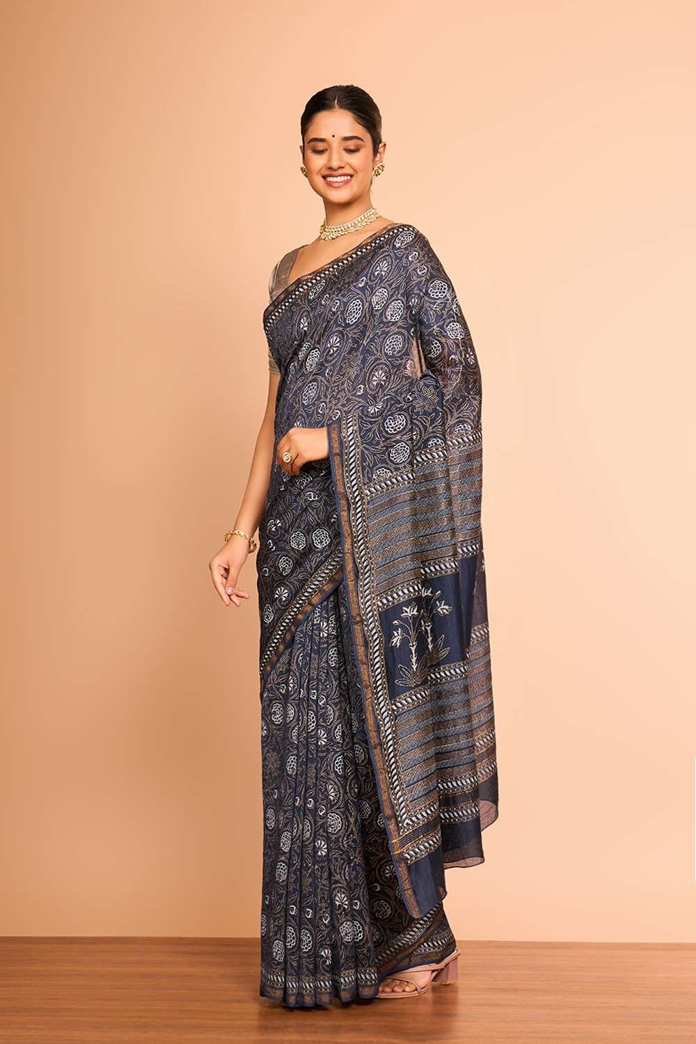 Dark Blue Rajasthan Pure Silk Cotton Printed Sanganeri Saree image number null