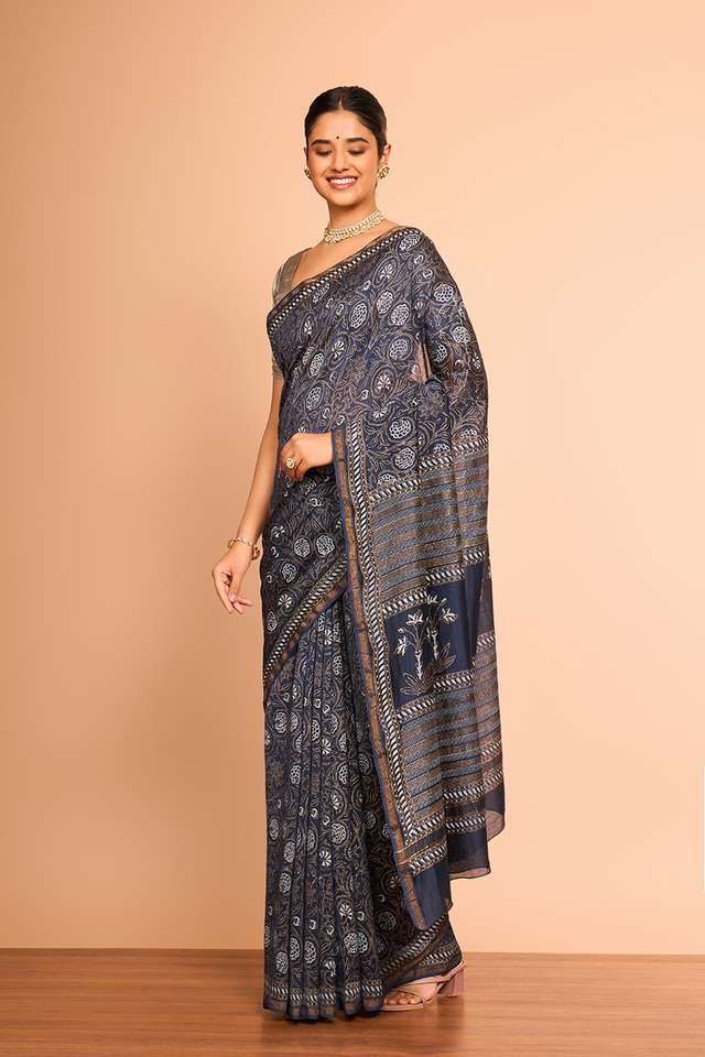 Dark Blue Rajasthan Pure Silk Cotton Printed Sanganeri Saree thumbnail image number null