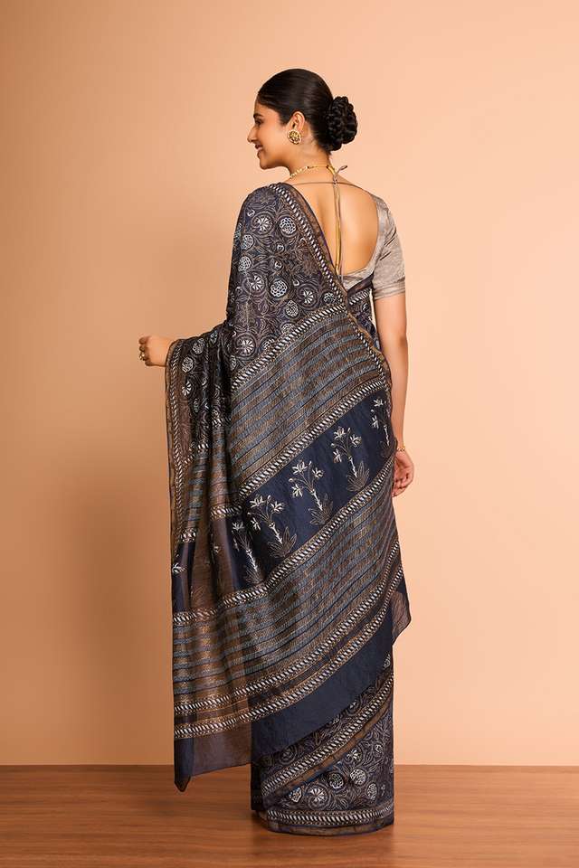 Dark Blue Rajasthan Pure Silk Cotton Printed Sanganeri Saree thumbnail image number null
