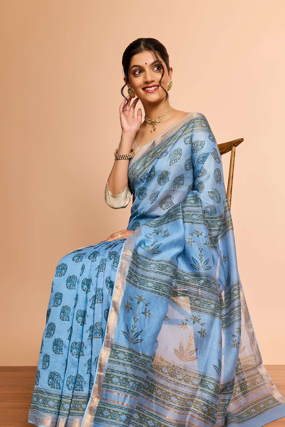 Light Blue Rajasthan Pure Silk Cotton Printed Sanganeri Saree image number null