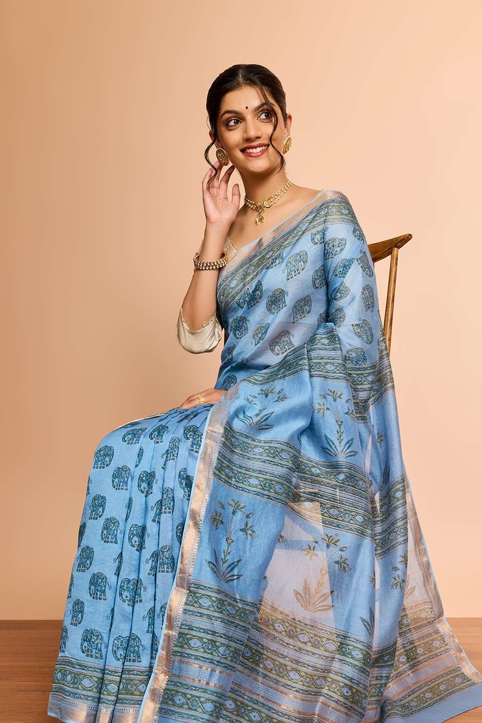 Light Blue Rajasthan Pure Silk Cotton Printed Sanganeri Saree