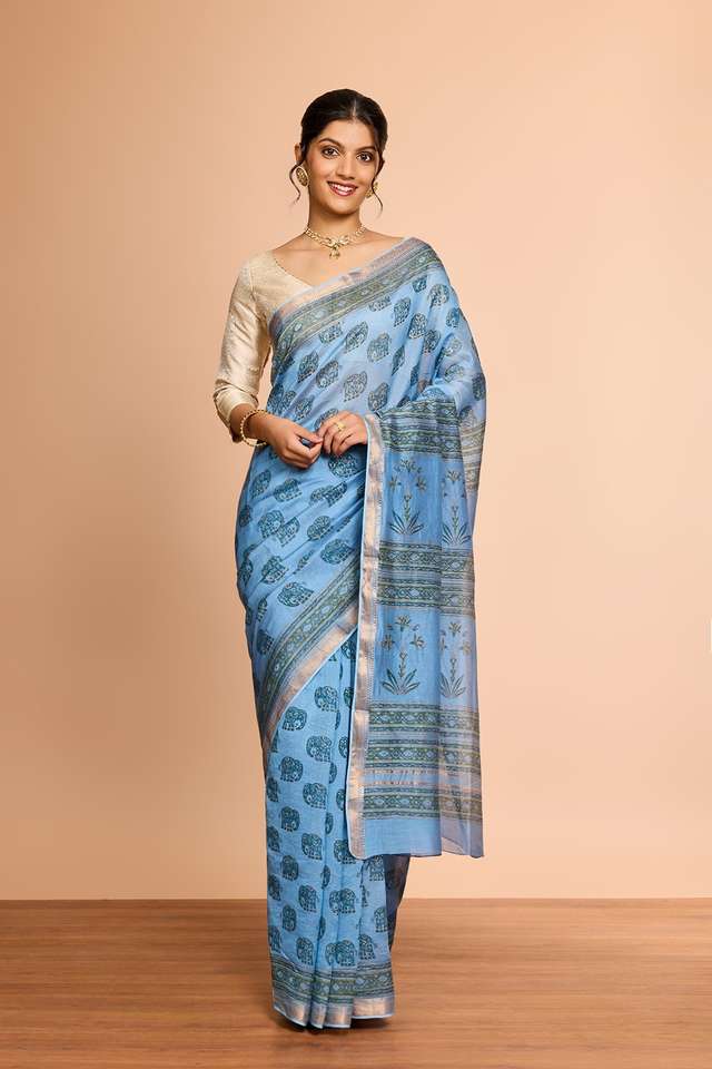 Light Blue Rajasthan Pure Silk Cotton Printed Sanganeri Saree thumbnail image number null