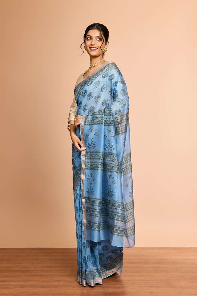 Light Blue Rajasthan Pure Silk Cotton Printed Sanganeri Saree thumbnail image number null