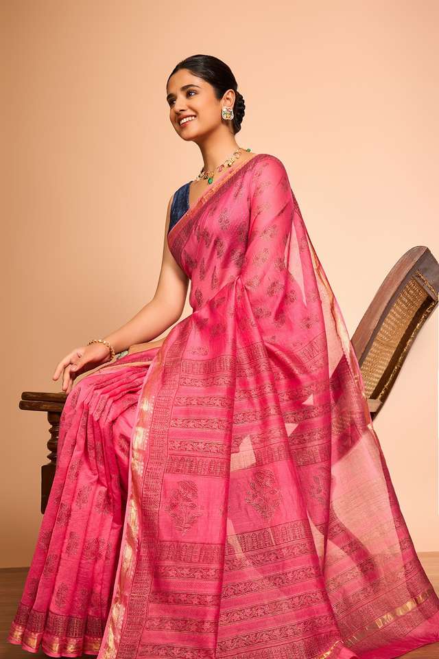 Pink Rajasthan Pure Silk Cotton Printed Sanganeri Saree image number