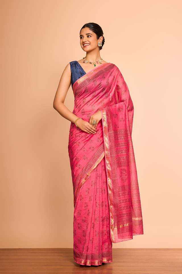 Pink Rajasthan Pure Silk Cotton Printed Sanganeri Saree thumbnail image number null